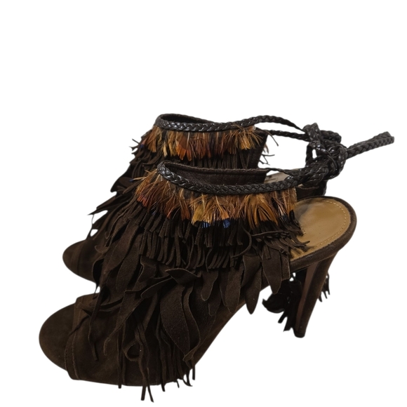 Aquazzura Brown  Suede Tassel Ankle Tie Sandals Size 38 - Picture 2 of 8